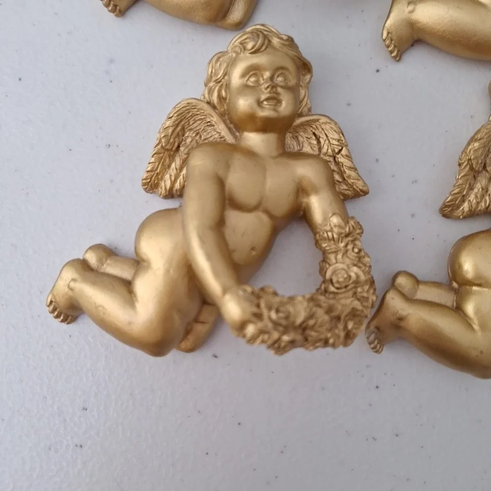 8 Ornate Resin Cherub Angel Napkin Ring Holders Gold Tone Painted Vintage HEAVY